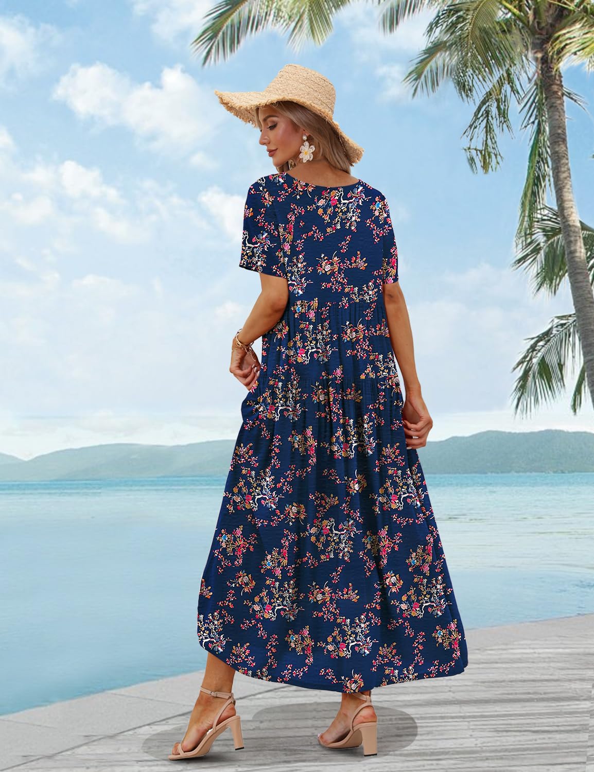 YESNO Women Casual Loose Bohemian Floral Dress with Pockets Short Sleeve Long Maxi Summer Beach Swing Dress S EJF CR30 Blue