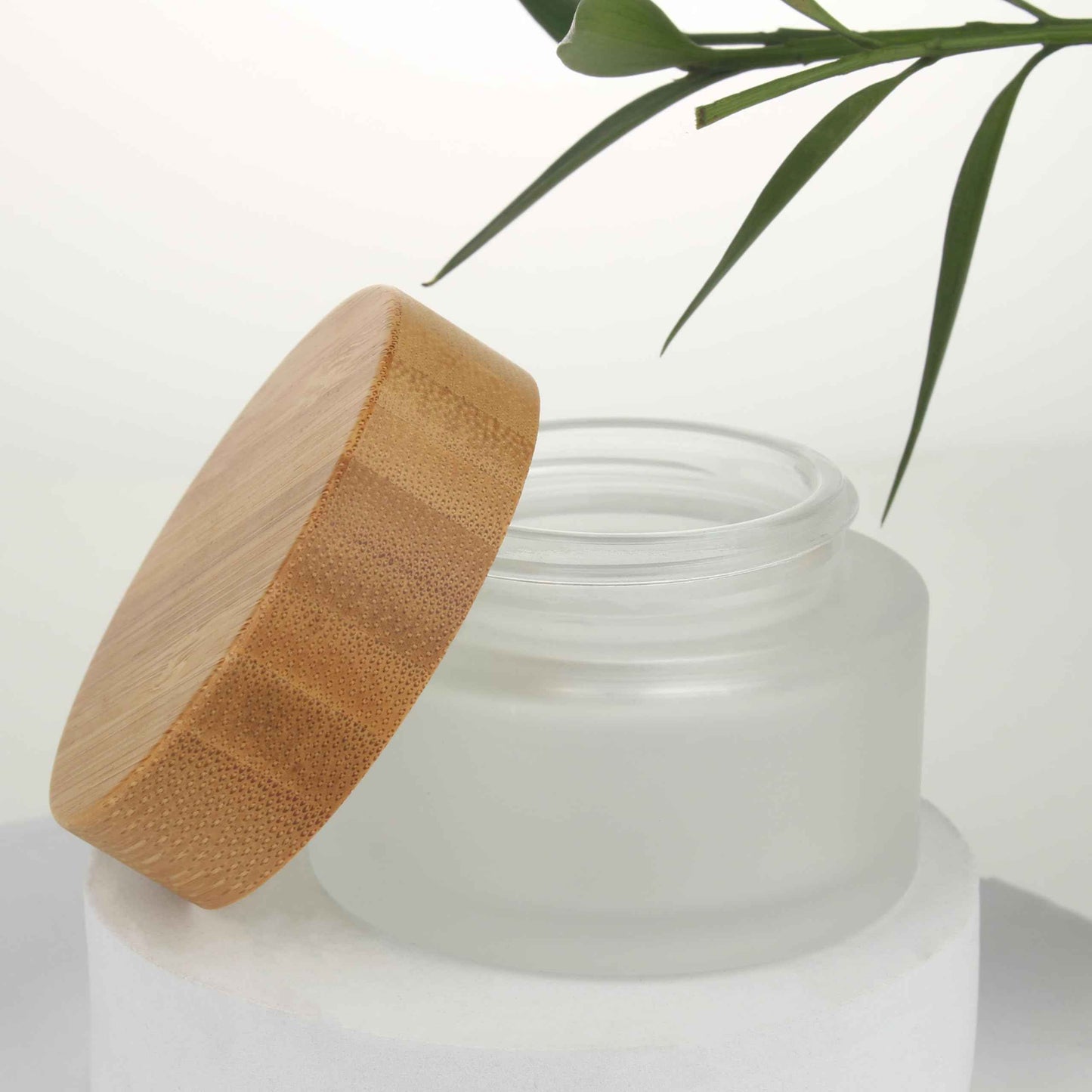 COSIDEA 6pcs Empty 1.7 OZ/50g Round Frosted Glass Jars with Bamboo lids, Bamboo Cream Jar Refillable Cosmetic Travel Containers for Lip Balm, Ointments, Lotion Packing