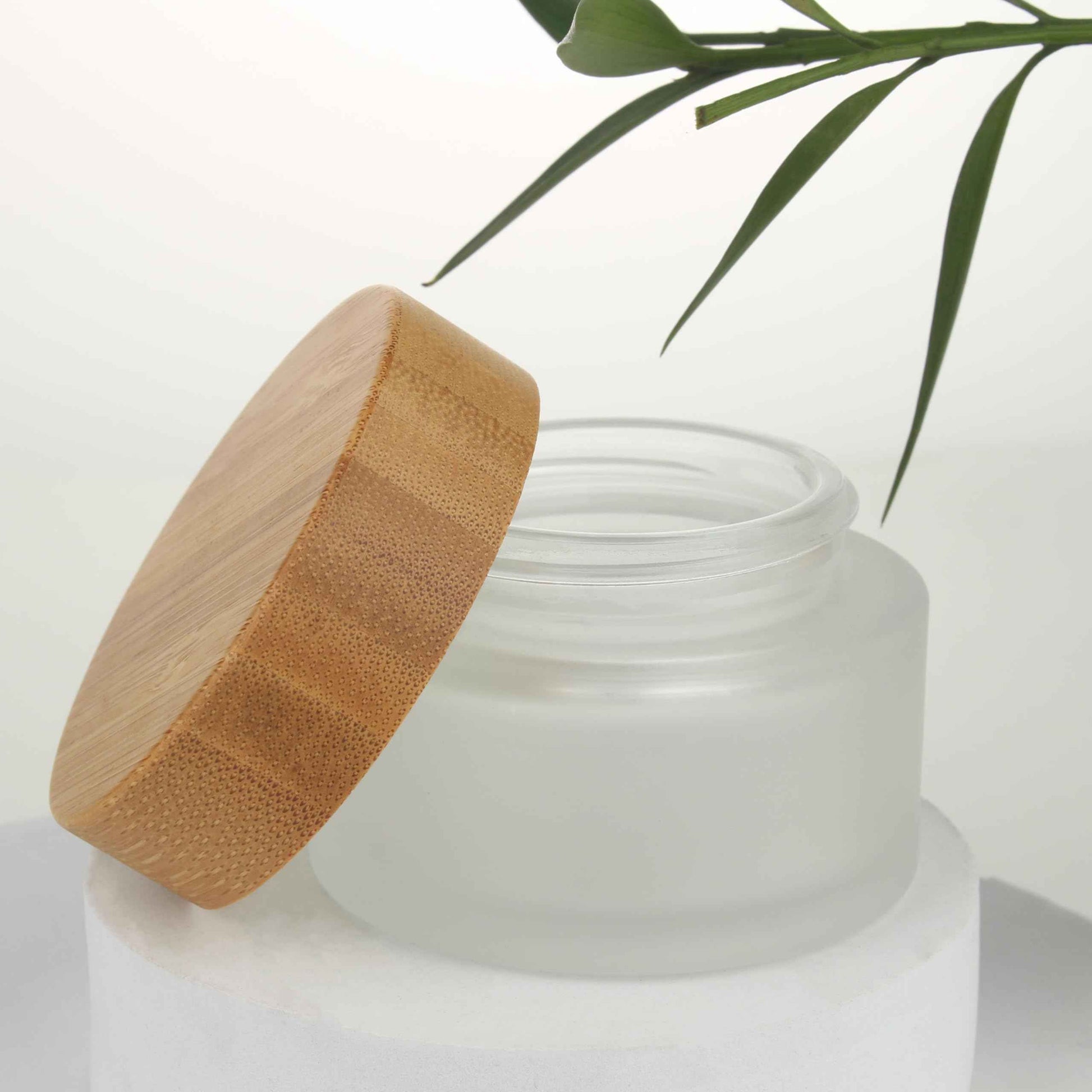 COSIDEA 6pcs Empty 1.7 OZ/50g Round Frosted Glass Jars with Bamboo lids, Bamboo Cream Jar Refillable Cosmetic Travel Containers for Lip Balm, Ointments, Lotion Packing
