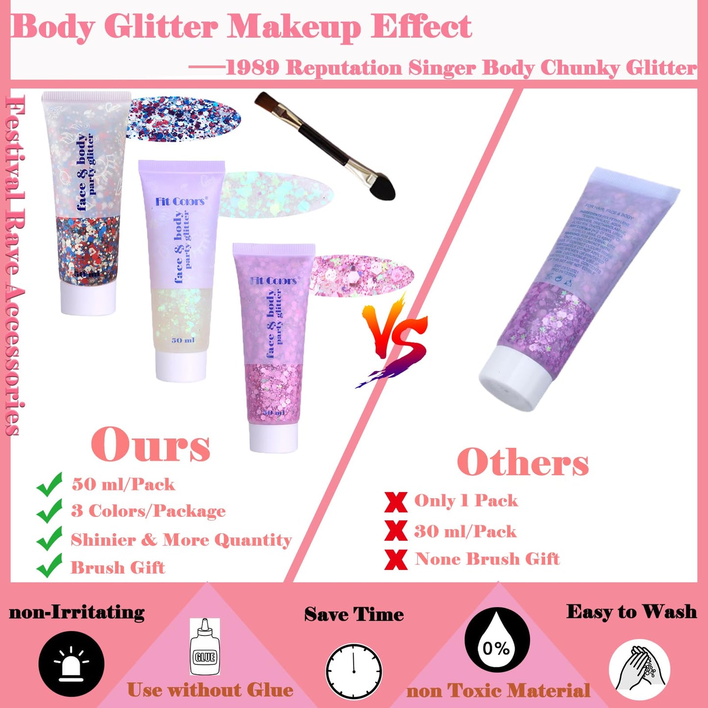 Body Glitter Face Glitter Gel: Singer Concerts Disco Festival Rave Accessories Face Glitter Makeup 150ml Chunky Sequins Mermaid Face Body Hair Glitter Gel (USA Pride&White&Pink)