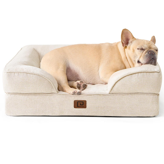 EHEYCIGA Orthopedic Dog Bed for Small Dogs, Waterproof Memory Foam Small Dog Beds with Sides, Non-Slip Bottom and Egg-Crate Foam Medium Dog Couch Bed with Washable Removable Cover, Beige