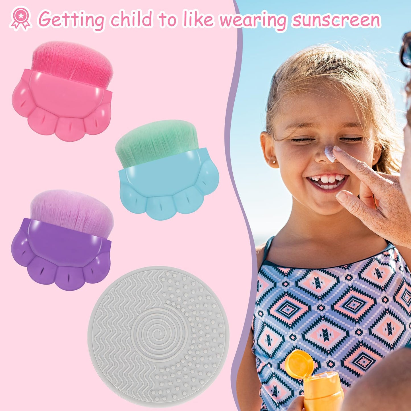 3 Pack Kids Sunscreen Applicator,Sunblock Buddy Brush with Protective Case,Sun Lotion Applicator Sun Cream Brush Set with Brush Cleaning Pad