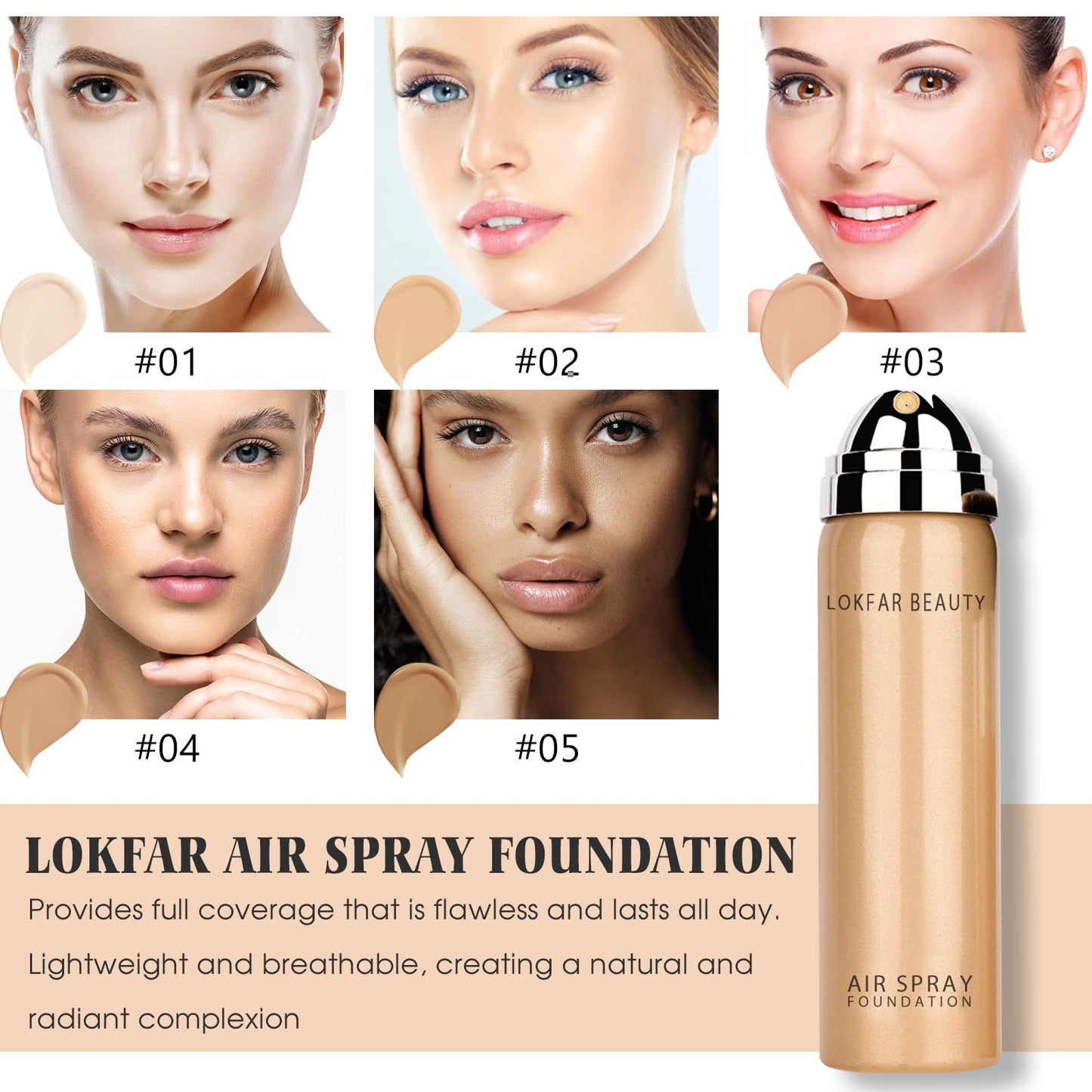 LOKFAR AirBrush Foundation Spray, Silky Mist Foundation Spray Makeup Set with Brush, Full Coverage Foundation for Smooth Radiant Finish, Formula Breathable Lightweight Hydrating | #05 Sand