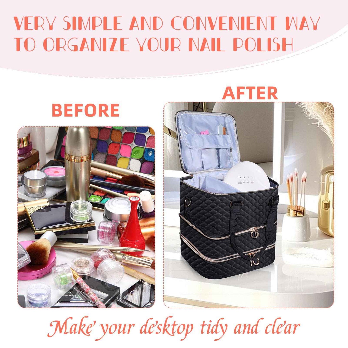 Nail Polish Organizer Case,3 Layers Nail Organizers and Storage With Detachable Holds 84 Bottles Nail Polish & Nail Lamp Large Nail Polish Organizer Bag ,for Manicure Tools, Nail Polish Kit (Black)