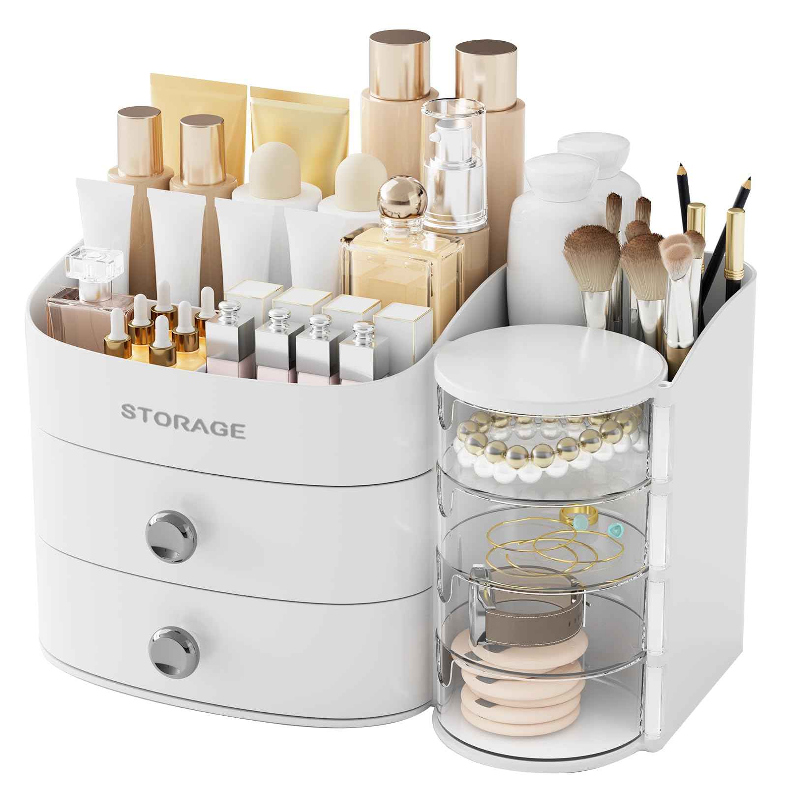 Makeup Organizer Countertop with Drawers, Make up Organizers for Vanity, Skincare Jewelry Earring Organizers, Cosmetic Display Cases Makeup Storage for Bedroom & Bathroom, Ideal Gifts for Women(White)