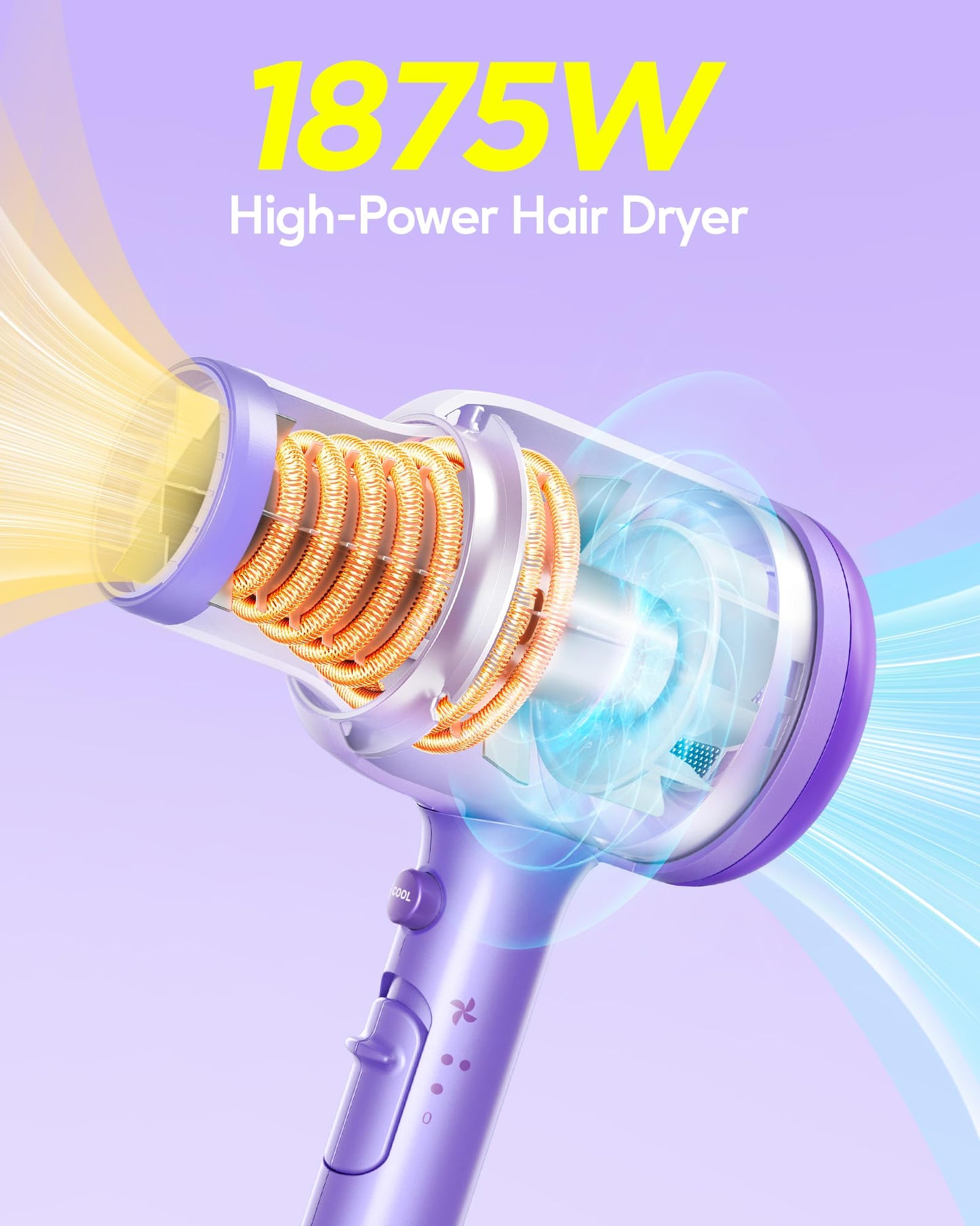 Wavytalk Ionic Blow Dryer with Diffuser - Professional 1875W Hair Dryer for Women, Constant Temperature, Comb for Fasting Drying, Light and Quiet, Purple