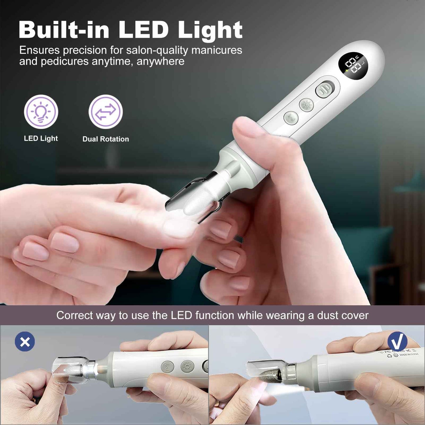 2-in-1 Professional Cordless Electric Nail Drill File&Callus Remover for Feet Hand Care-Wider Grinder for Dead Skin,Thick Nails,Acrylic Gel Nails,15 Speed,LED Display for Women Men Seniors Home Salon