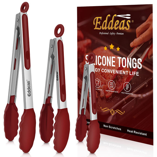 EDDEAS Tongs For Cooking - 7",9" and 12 inch Kitchen Tong with Silicone Tip,Heat Resistant 600 Degrees Metal Locking Tongs - for cooking,Salad and Barbecue,Red Set of 3