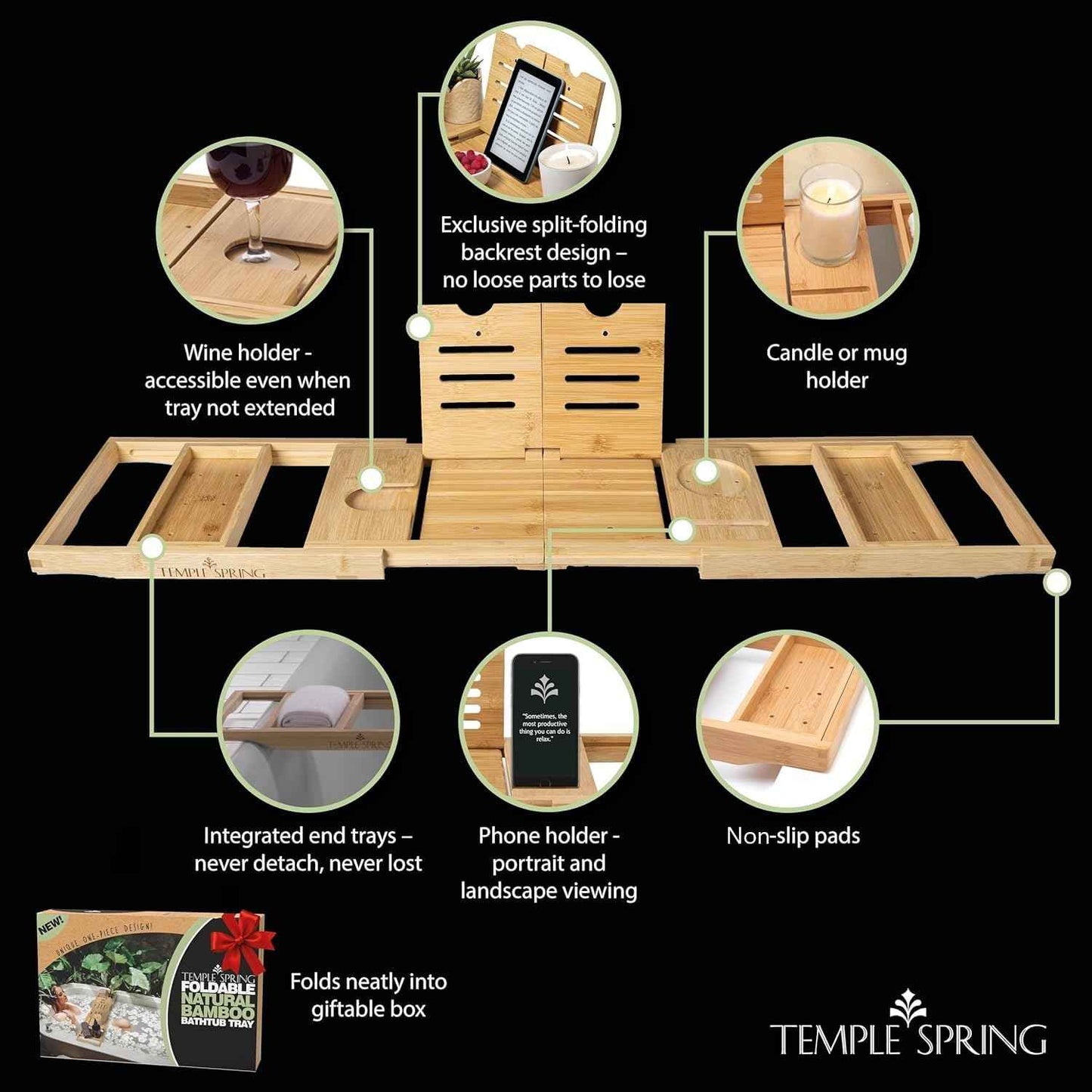 Temple Spring Foldable Bathtub Tray, Unique Design Selfcare Bathroom Caddy, Bamboo Spa Bathroom Tray, Wooden Bathtub Accessories, Wedding Gift/Birthday Gift/New Home Bath Table