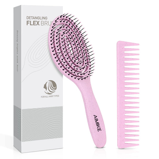 AIMIKE Hair Brush, Vented Detangler Brush for Curly, Thick & Knotted Hair, No Pull Detangling Brush w/Flex Soft Bristles, Glide Through Tangles for Women, Kids, Men, Wet & Dry Hair- Pink