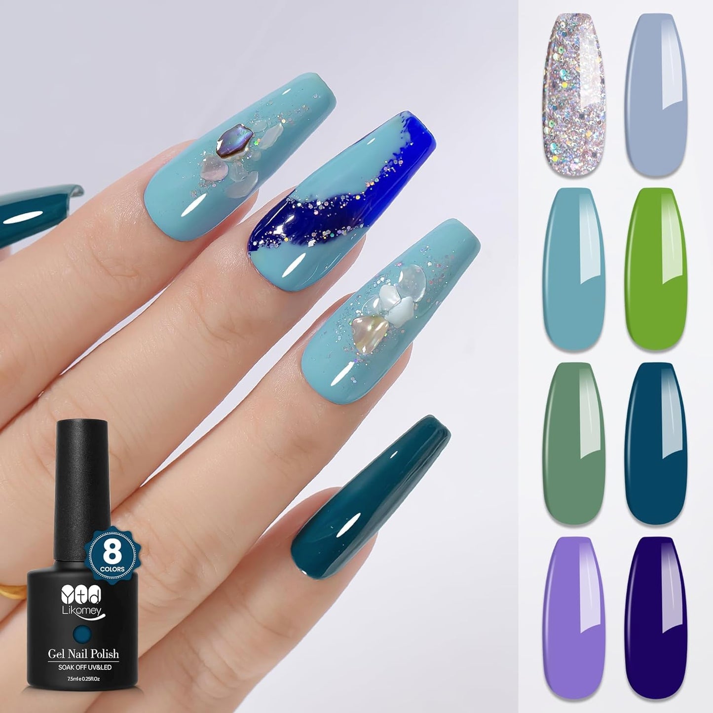 YTD Likomey Gel Nail Polish Set,Ocean World 8 Colors Light Blue Dark Navy Blue Seagrass Green Silver Glitter Color Combination UV Nail Gel Kit,7.5 ml 0.25 oz