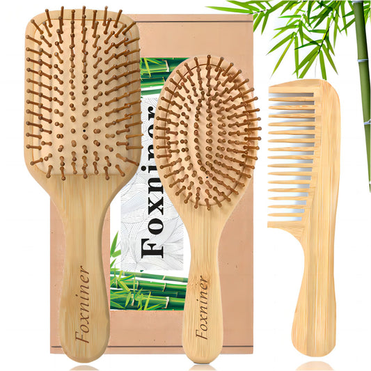 Foxniner Bamboo brush,bamboo hair brush,wooden hair brush,Eco Friendly Paddle Hairbrush for Women Men and Kids Make Thin Long Curly Hair Health and Massage Scalp· (-Bamboo Hair Brush Set+1xcomb)