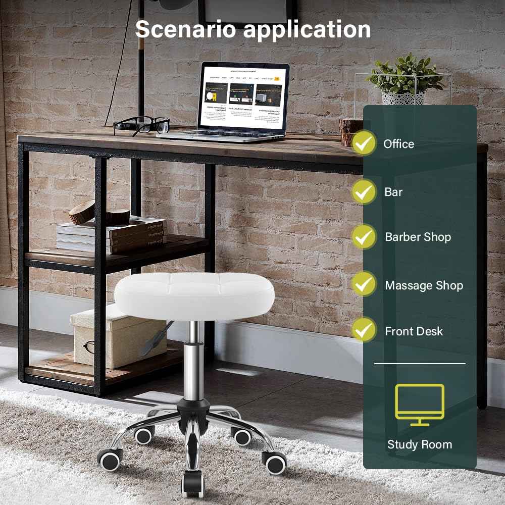 BFTOU White 6-Square Lattice PU Swivel Stool with Wheel for Work SPA Shop Massage Height-Adjustable and Cost-Effective Rolling Stool Chair