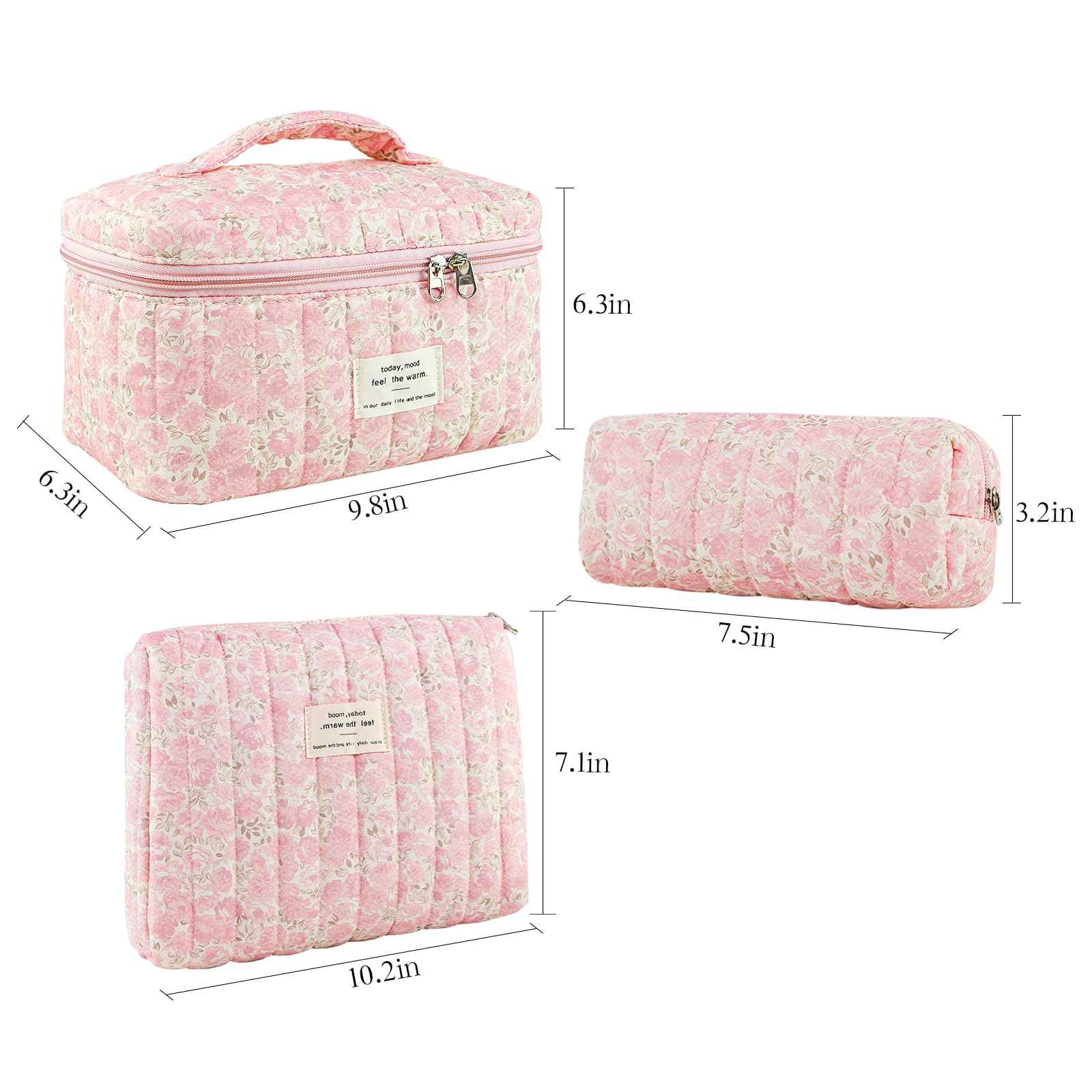 GISMTR 3Pcs Makeup Bag Cotton Quilted Travel Cosmetic Bag Cute Floral Makeup Pouch Large Toiletry Bag for Women Girls (Flowers-Pink3)