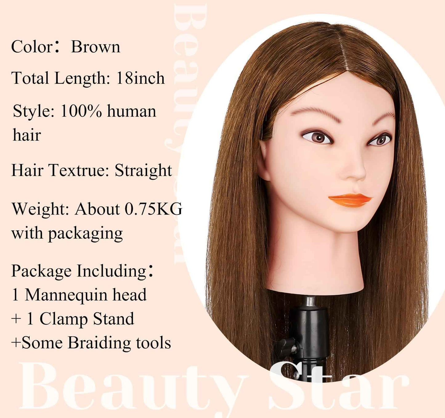 Mannequin Head with 100% Real Human Hair, Beauty Star Manikin Doll Head for Hair Styling, Cosmetology Hairdressing Training Practice Head with Clamp Stand and Braiding Accessories Kit (18" Dark Brown)