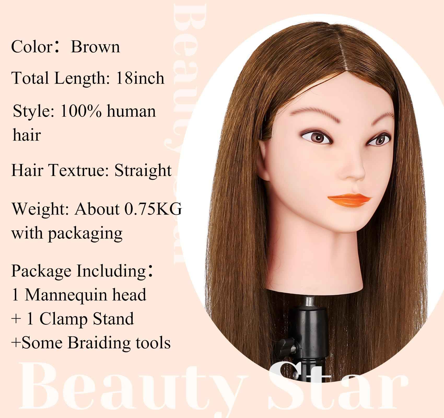 Mannequin Head with 100% Real Human Hair, Beauty Star Manikin Doll Head for Hair Styling, Cosmetology Hairdressing Training Practice Head with Clamp Stand and Braiding Accessories Kit (18" Dark Brown)