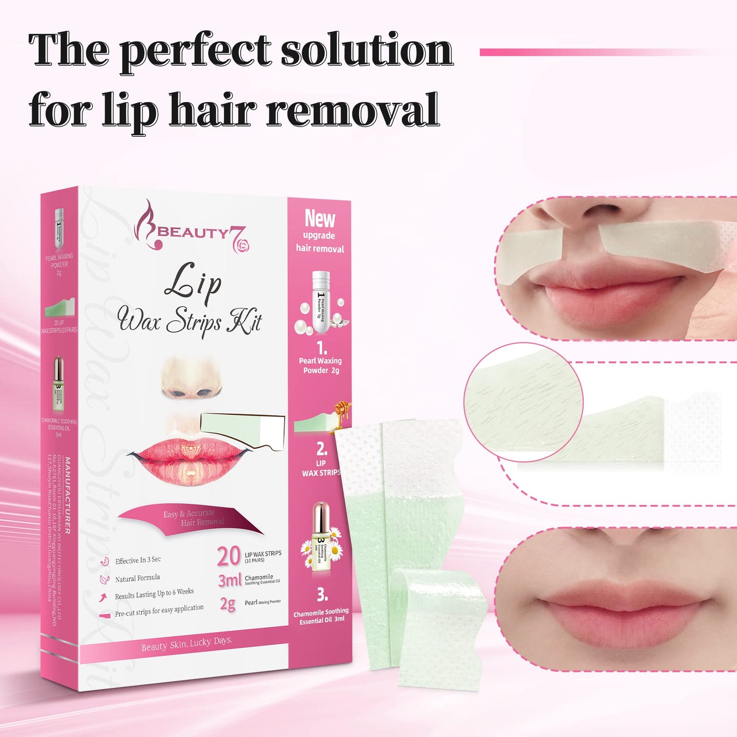 Beauty7 Lip Wax Strips Facial Wax Strips Hair Removal Wax Strips for Sensitive All Skin Types Women 20 pcs with Pearl Powder Essential Oil