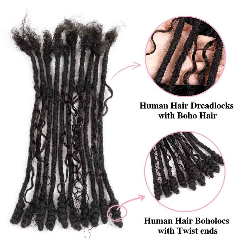 Lovenea 0.6 cm Human Hair Dreadlocks with Twist Ends 12 inch 10 Strands Boholocs Human Hair Handmade Dreadlock Extensions Natural Black Color Can Be Dyed Bleached Curled (1B#, 12 Inch-10 Strands)
