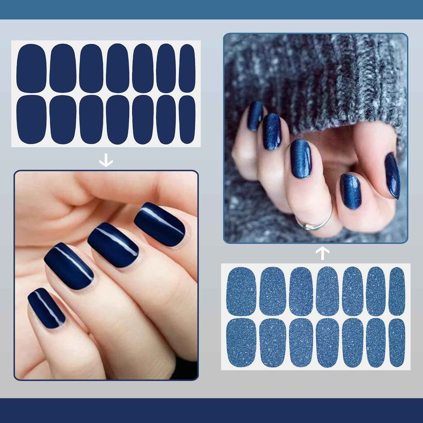 SILPECWEE 16 Sheets Blue Nail Wraps for Women Glitter Solid Color Nail Polish Stickers Stick on Nail Polish Strips Gel Nail Strips Self Adhesive Fingernail Manicure Design with Nail File