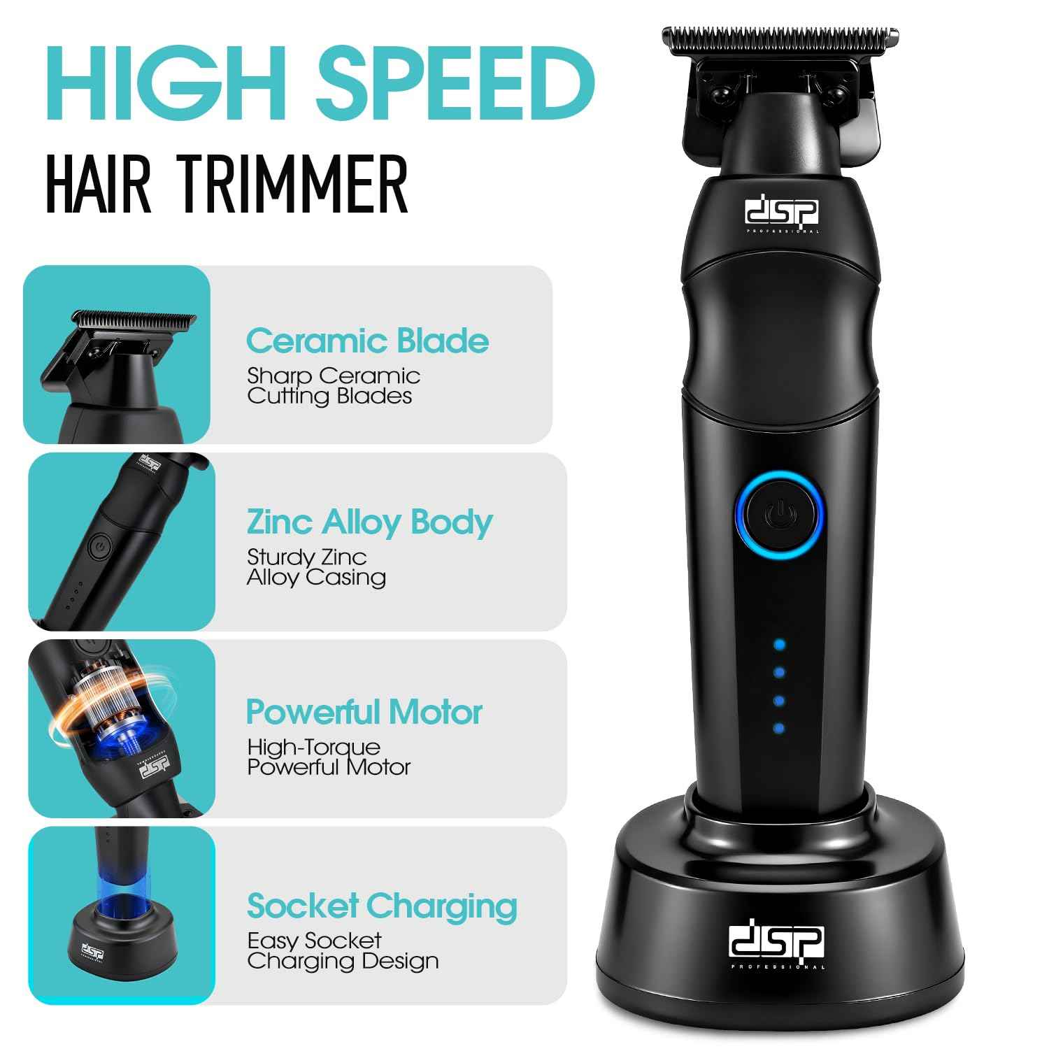 DSP Professional Hair Trimmer for Men, Beard Mustache Cordless Trimmer, Indicator Light with Charge Base, Zinc Alloy Body, Low Noise, Zero Gapped Edgers Trimmer (Black)