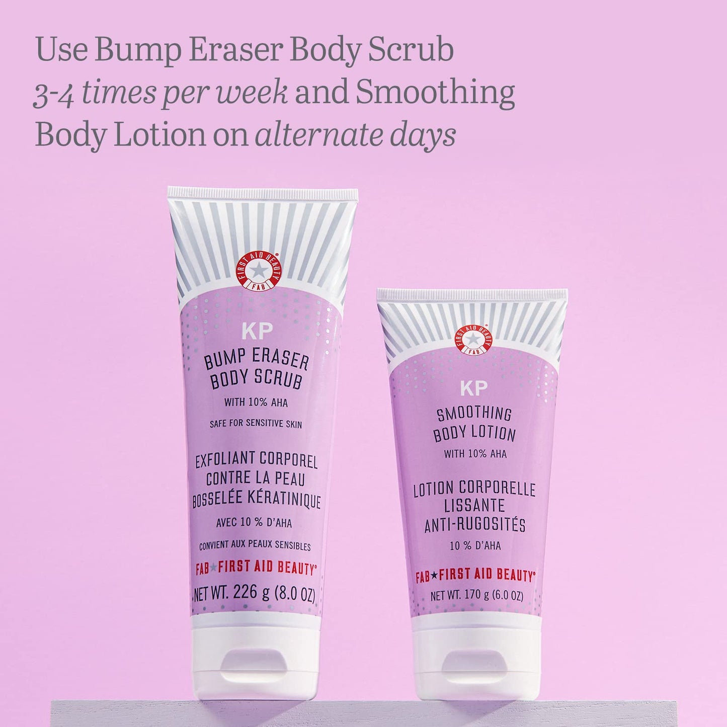 First Aid Beauty KP Bundle: KP Bump Eraser Body Scrub with 10% AHA – 8 oz – and KP Smoothing Body Lotion – 6 oz