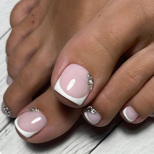 French Tip Press on Toenails Short Square Fake Toe Nails White Toe Nail Tips False Toe Nails with Rhinestones Designs Full Cover Glue on Toenails Glossy Summer Acrylic Toe Nails for Women Girls