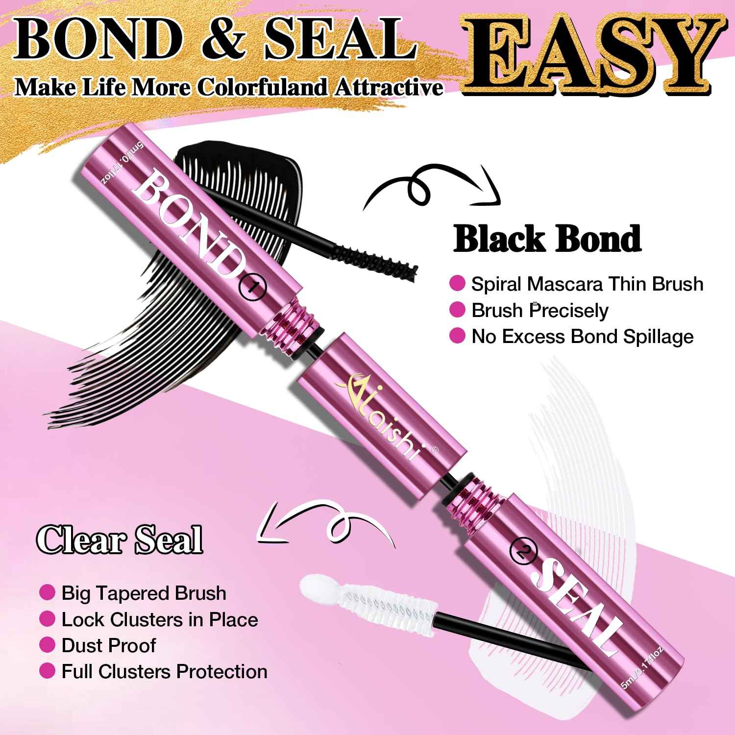 AILAISHI Lash Clusters Glue, Eyelash Bond and Seal, Long-Lasting 150H Waterproof, Non-Irritating Lash Extension Glue for DIY Individual Lashes at Home (Black-5ml+5ml)