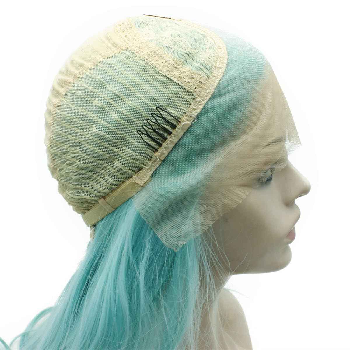 Mxangle Long Wavy Light Blue Half Hand Tied Synthetic Lace Front Wig Fiber Hair Costume Party Wig