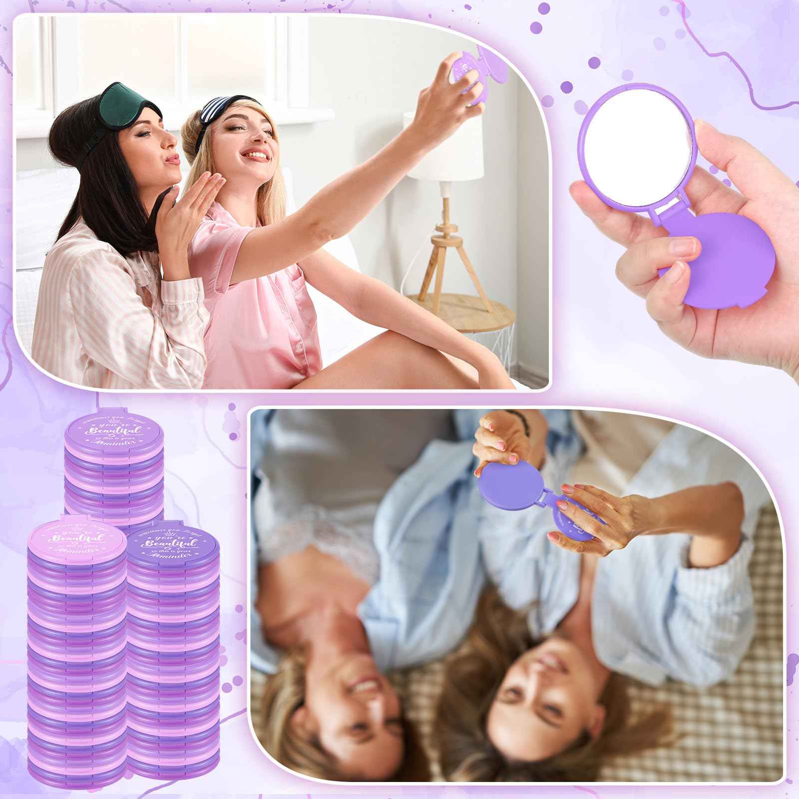 Gulfmew 100 Pcs 2.76 Inch Inspirational Compact Mirror Bulk Party Favors Quinceanera Gift Purse Small Mirror Pocket Mini Gifts for Women Adult Coworker Halloween Christmas Friends (Purple Series)