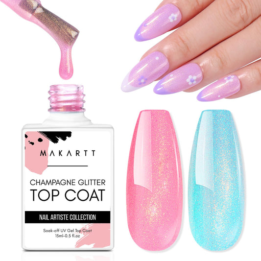 Makartt Gel Top Coat, 15ml No Wipe Champagne Glitter Top Coat Nail Polish, Mermaid Shiny Finish Effect and Long Lasting, Soak Off UV Gel Top Coat for Acrylic Nails Nail Art Salon and Home DIY