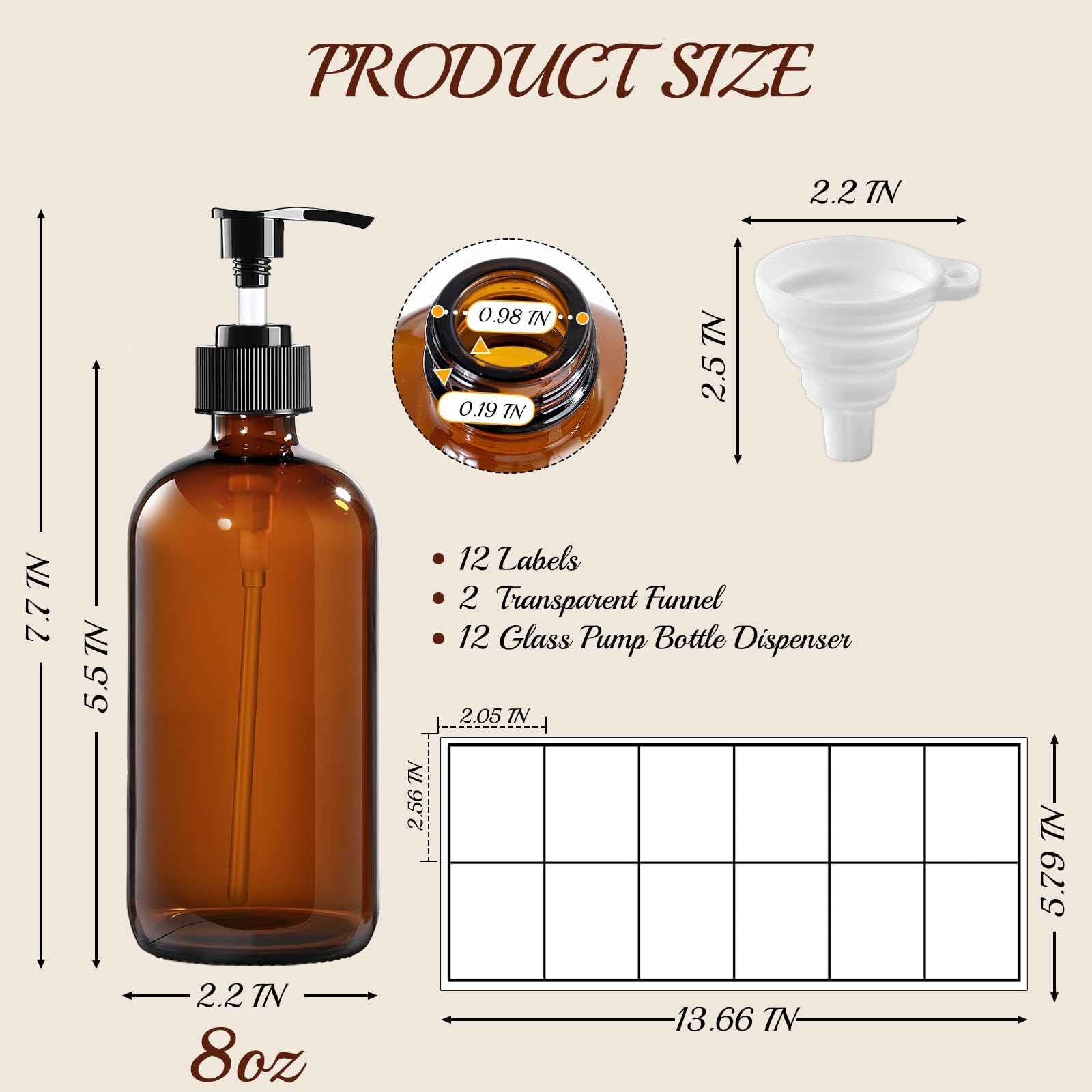 12 Pack Amber Glass Bottles 8oz with Pump Dispensers, Refillable Empty Pump Bottles for Bathroom, Kitchen, Shampoo, Soap, Lotion – Includes 2 Funnels & 12 Labels
