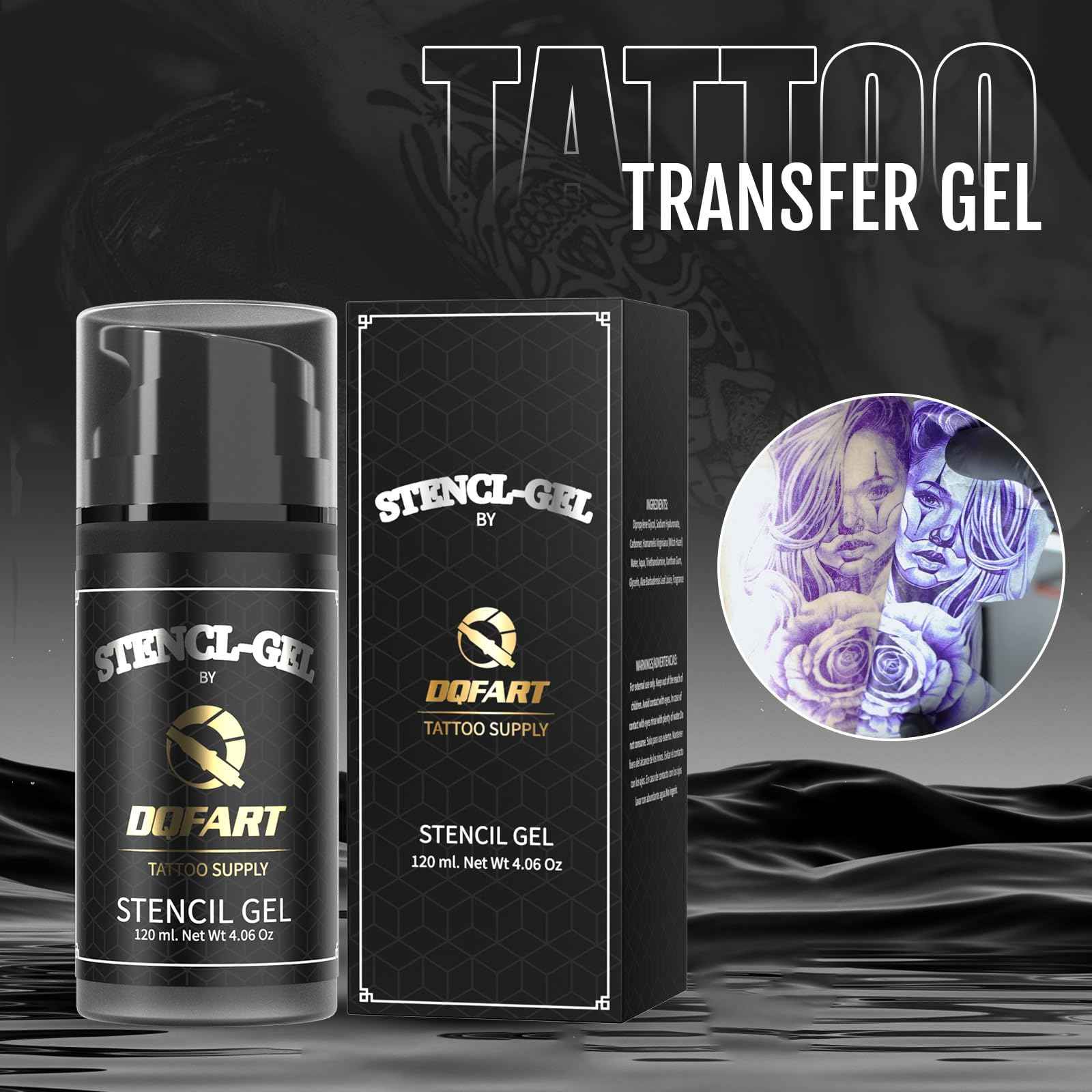 Professional Tattoo Stencil Transfer Gel, Black, 120mL/4.06oz, 250mL/8.4oz Bottles, Premium Application Solution (120ml/4OZ)