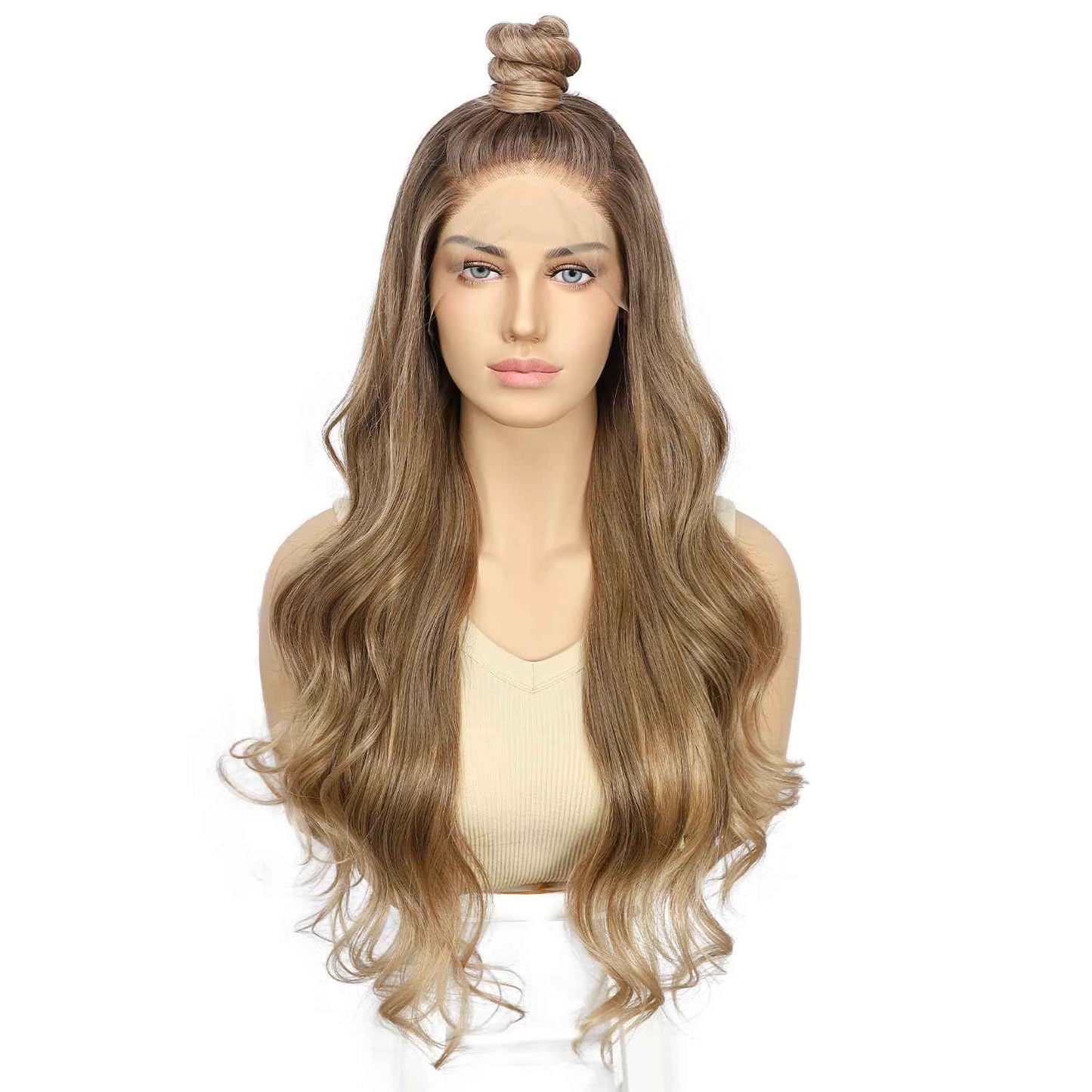 BABEHERS Blonde Lace Front Wig for Women 13x4 Body Wave Synthetic Wigs with Ombre Blonde Tips Pre-plucked Long Wavy 150% Density Heat Resistant Hair Daily Party Use 26 Inch
