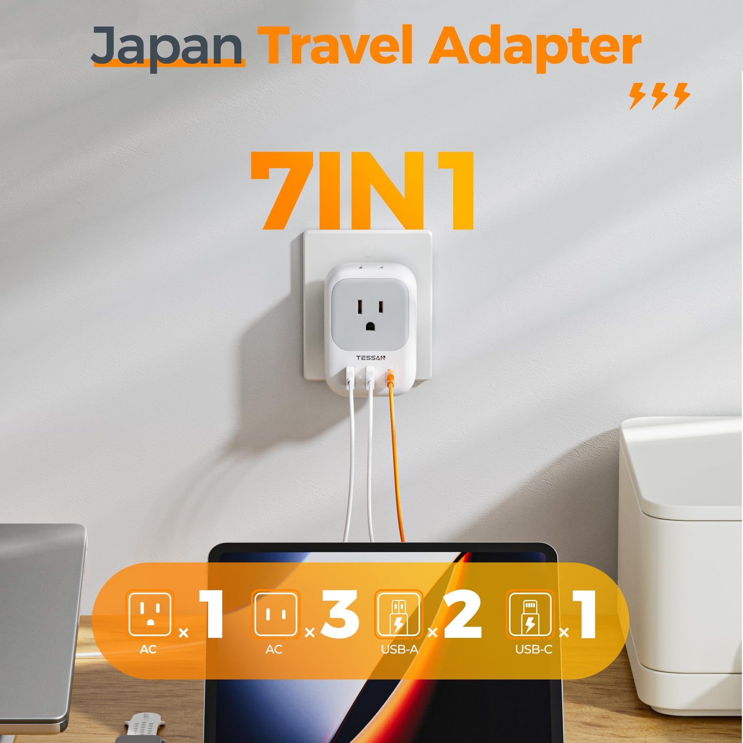 TESSAN 2 Prong to 3 Prong Adapter, Multi Plug Outlet Extender with 4 Outlets 3 USB Ports(1 USB C), Type A Travel Plug Converter for US to Japan, Philippines, Canada, Mexico, China, Thailand, Anguilla