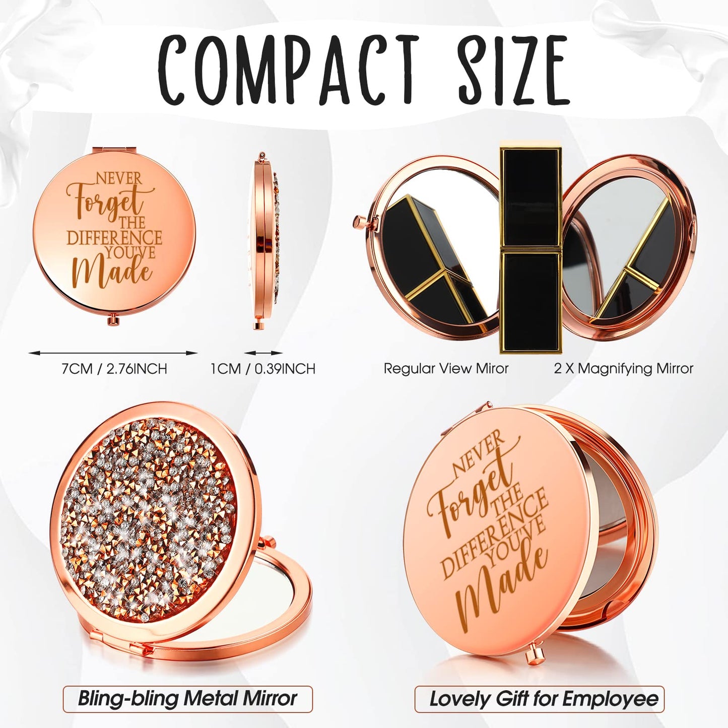 Unittype 6 Pcs Inspirational Compact Mirror Bulk Employee Appreciation Gifts Pocket Mirror for Women Motivational Graduation Gift Magnifying Mirror for Friends Teacher Coworker Nurse(Rose Gold)