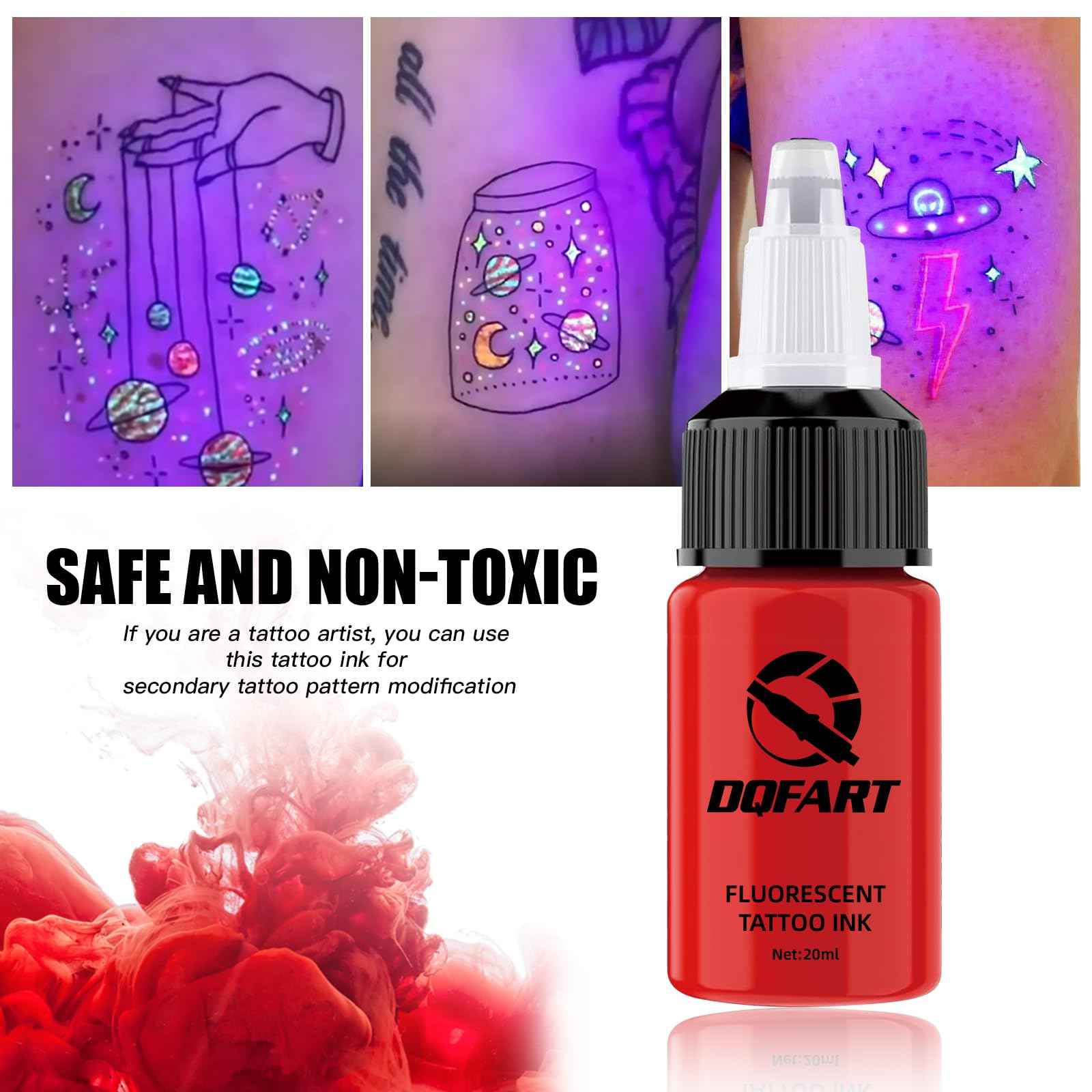 DQFART Tattoo Fluorescent Ink 0.65 oz (20ML) 8 Color UV Tattoo Ink TI-002