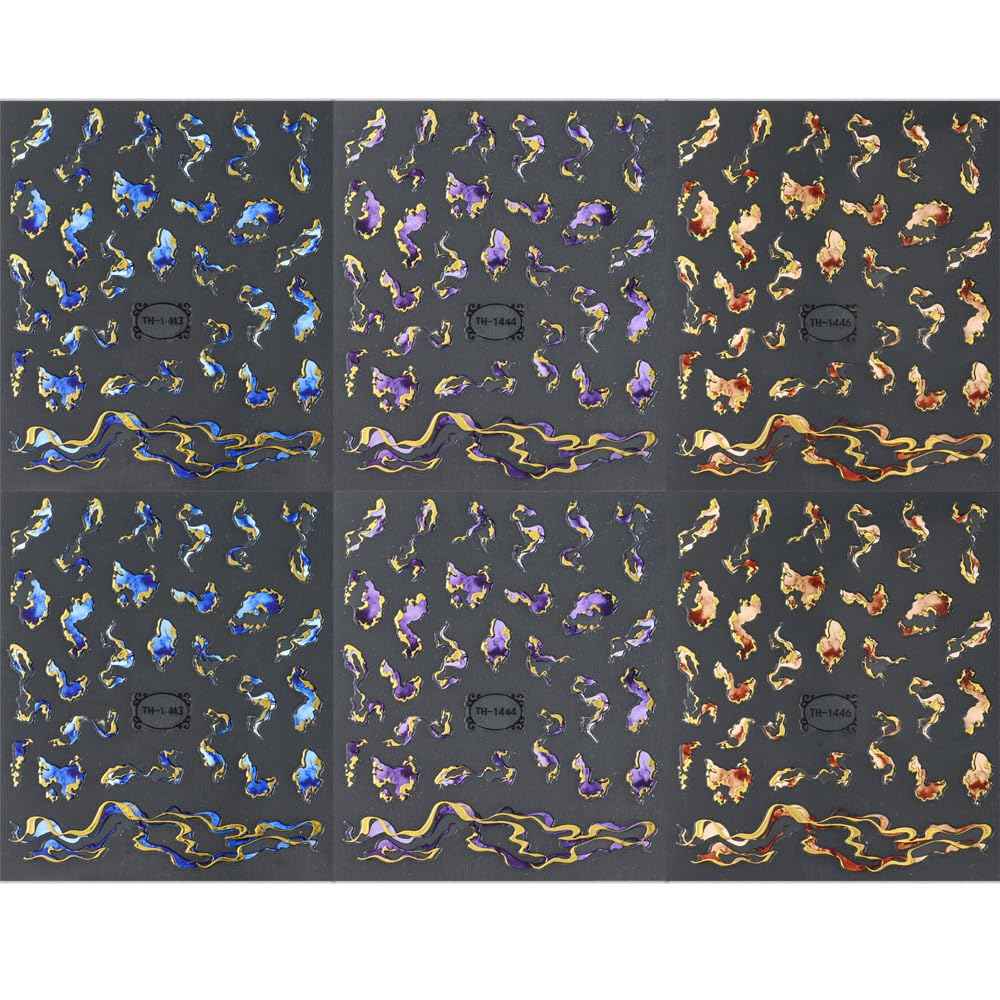 3D Bronzing Gold Marble Nail Art Stickers, 6pcs Blue Purple Irregular Gild Stamping Decals for Women Designs, Self Adhesive Accessories