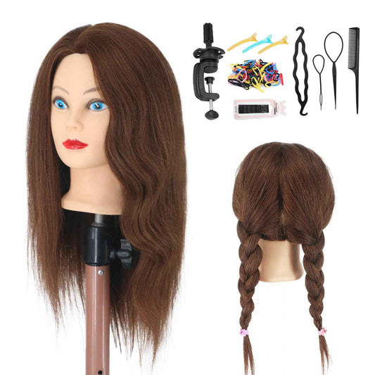 Mannequin Head with 100% Human Hair for Hairstyling Practice, Realistic Makeup Head with Clamp for Beauty Salon Cosmetology Students, Display Styling Head (Brown)