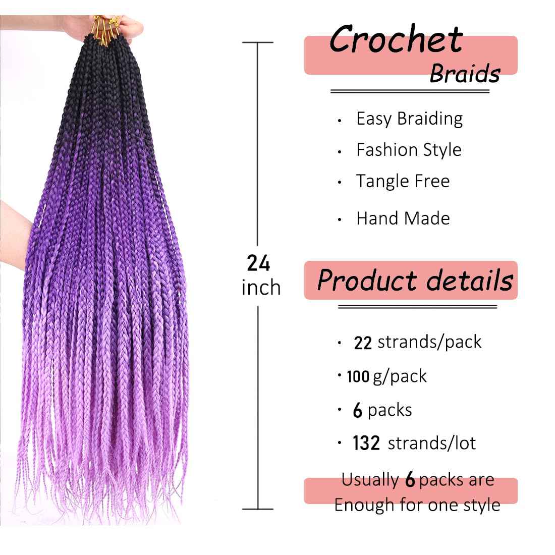 Purple Crochet Box Braids Pre Looped Box Braids Crochet Hair for Black Women 3X Goddess Braid Crochet Hair 6 Packs 24 Inch Knotless Straight Braiding Hair Extensions(T1/Purple/Light Purple#)