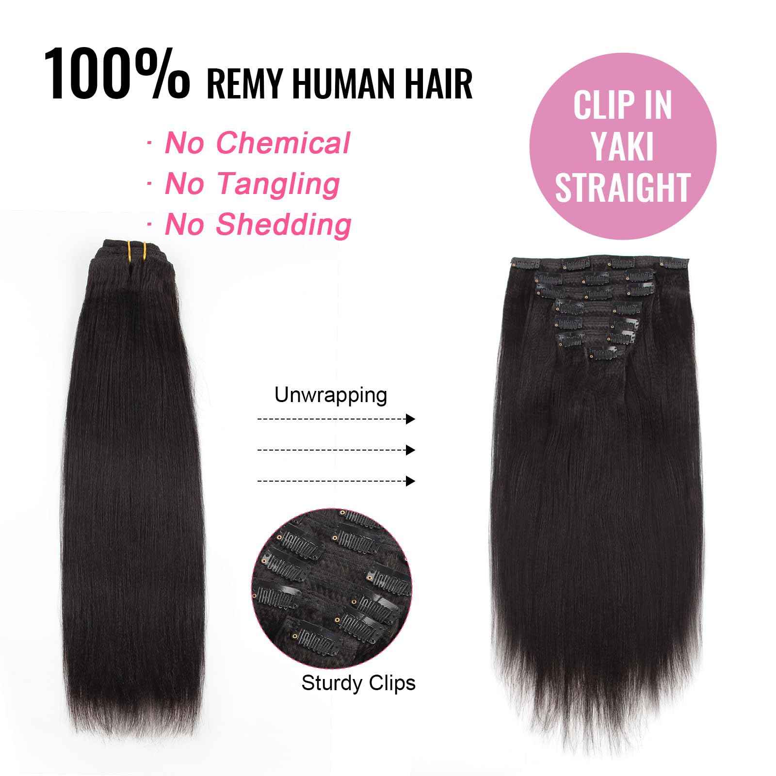 ABH AmazingBeauty Hair Yaki Straight Clip Ins Human Hair Extensions for Black Women Natural Black Light Yaki Clip ins 7 Pieces 120 Gram Per Set, 12 Inch