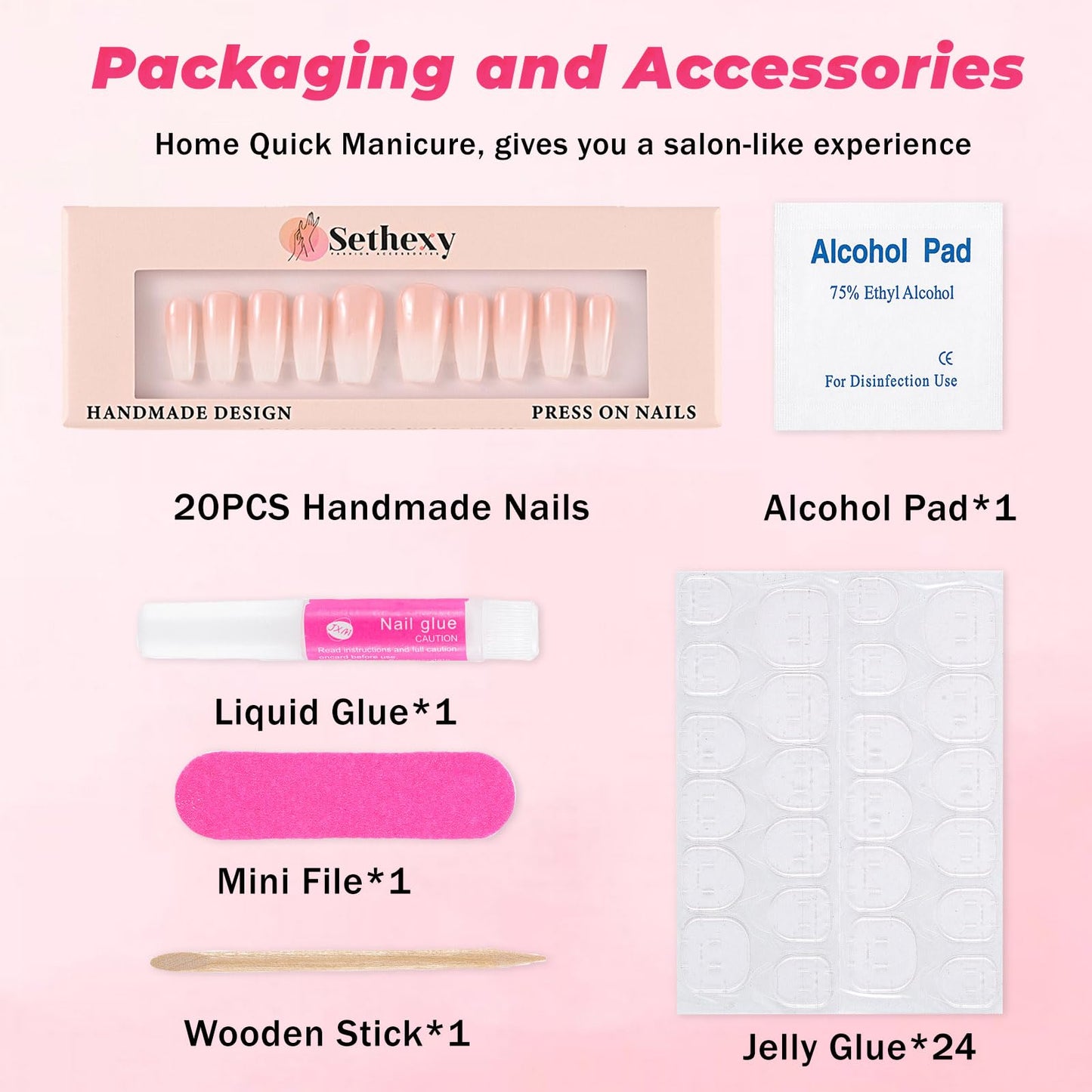 Sethexy Handmade Pink Gradient False Nails Acrylic Glossy Simple Fake Nails Long Coffin Press On Nails for Women and Girls 20PCS (Y)