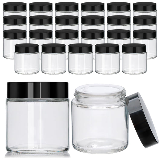 4oz Glass Clear Cosmetic Jars with Black Lids,Empty Small Glass Jars with Inner Liners,Round Travel Sample Container for Cream,Lotion,Ointments,Candle Making,Set of 25