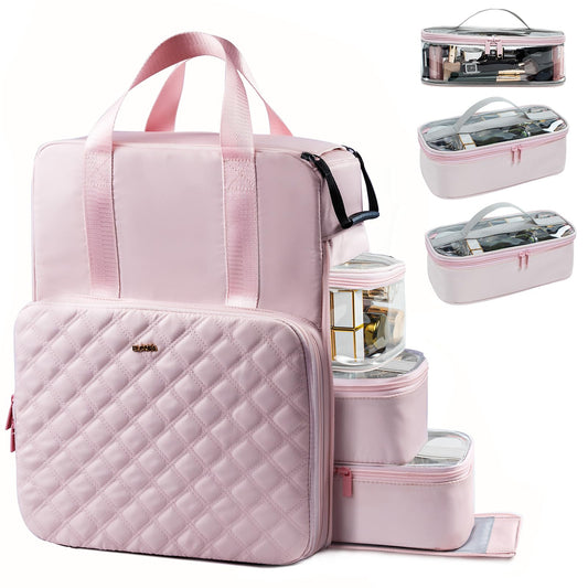 ELCUPA Makeup Backpack, Cosmetic Bag with 3 Removable Cases, Double Makeup Bag with Shoulder Straps and handle, Large Capacity Travel Makeup Case Organizer, Pink