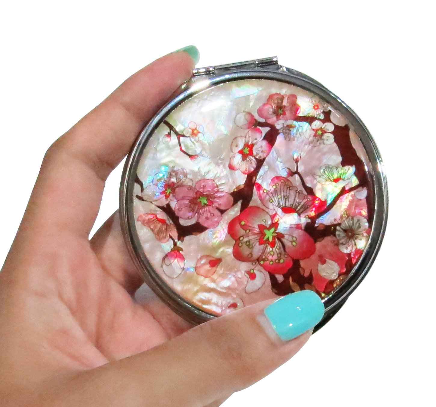 MADDesign Mother of Pearl Pink Makeup Mirror Compact Folding Magnify Apricot Tree Flowers Design