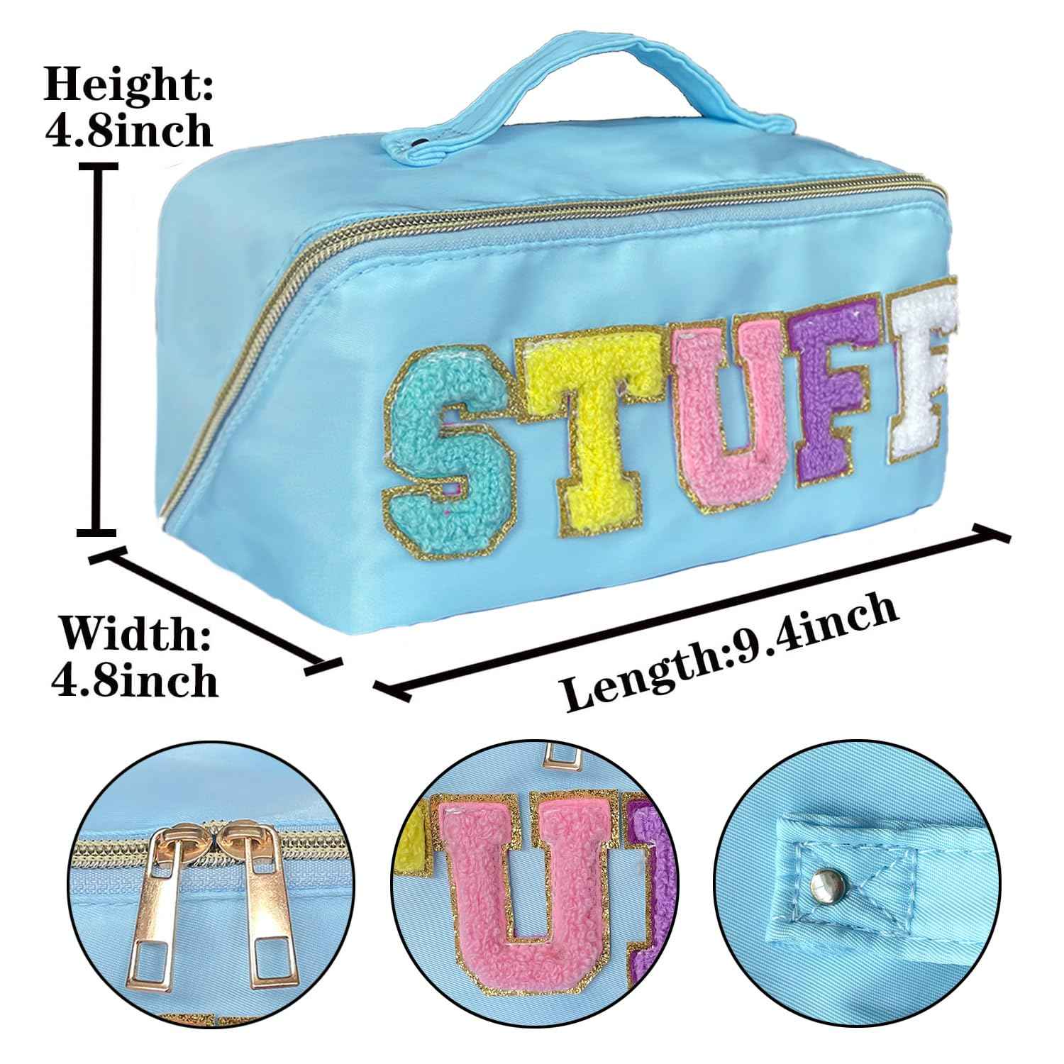 Stoney Clover Dupes Preppy Makeup Bag - Blue Chenille Letter Bag for Travel - Large Capacity Nylon Pouch with Flat Open Design