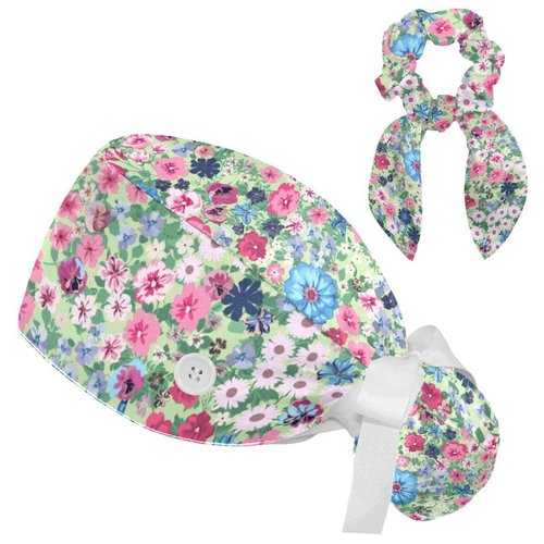 Spring Flowers Scrub Cap, Adjustable Working Cap with Button, Bouffant Caps with Bow Hair Scrunchy