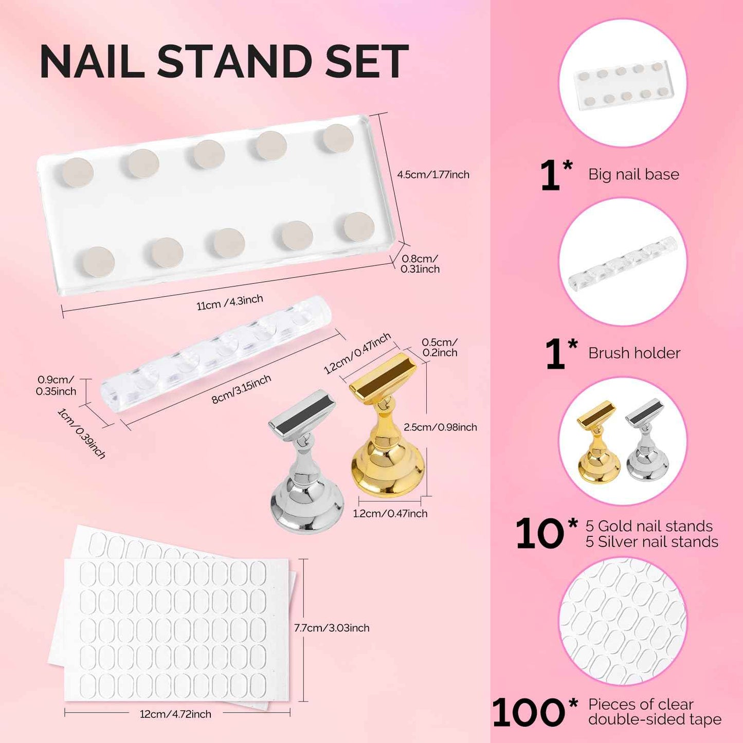 MelodySusie Nail Stand for Press Ons, Big Transparent Acrylic Magnetic Base for Painting Display with Brush Holder and 100 Pcs Reusable Double-Sided Tape for Home DIY Salon Supplies