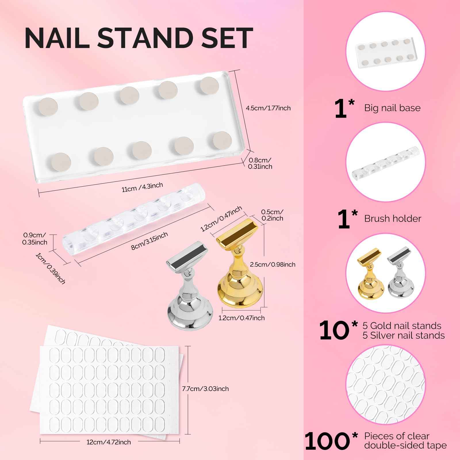 MelodySusie Nail Stand for Press Ons, Big Transparent Acrylic Magnetic Base for Painting Display with Brush Holder and 100 Pcs Reusable Double-Sided Tape for Home DIY Salon Supplies