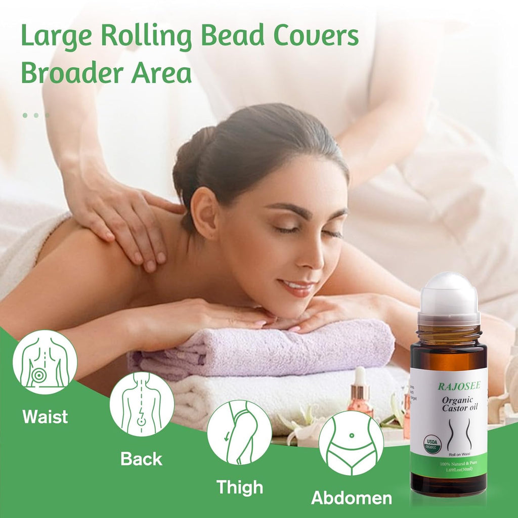 Castor Oil Roll on in Glass Bottle, Certified Organic Castor Oil Roller for Body Hair Skin Lip Eyebrow Pure Organic Cold Pressed Essential Oil - 1fl.oz
