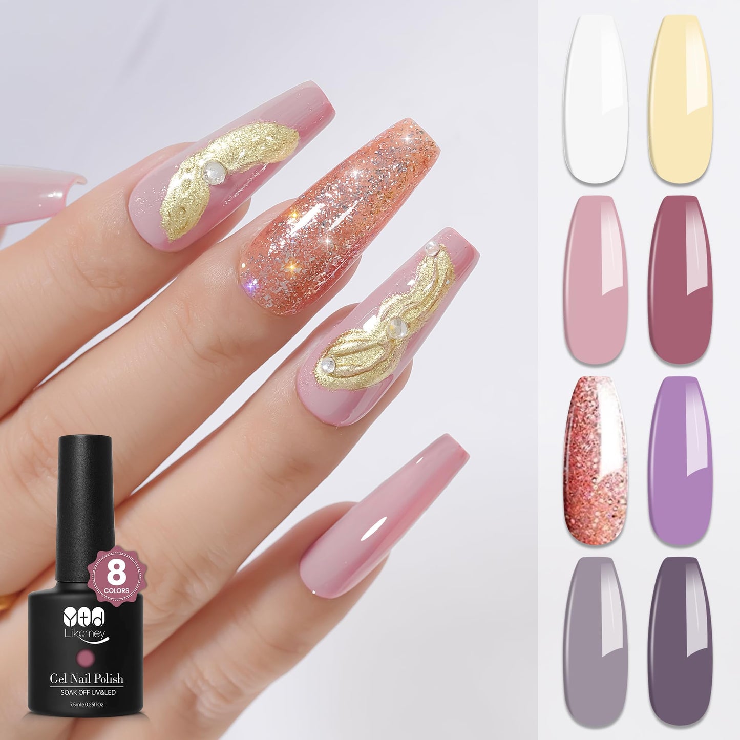 YTD Likomey Gel Nail Polish Set,Gemstone Mine 8 Colors White Light Yellow Purple Violet Maple Nude Gray Pink Glitter Color Combination UV Nails Gel Kit,7.5 ml 0.25 oz